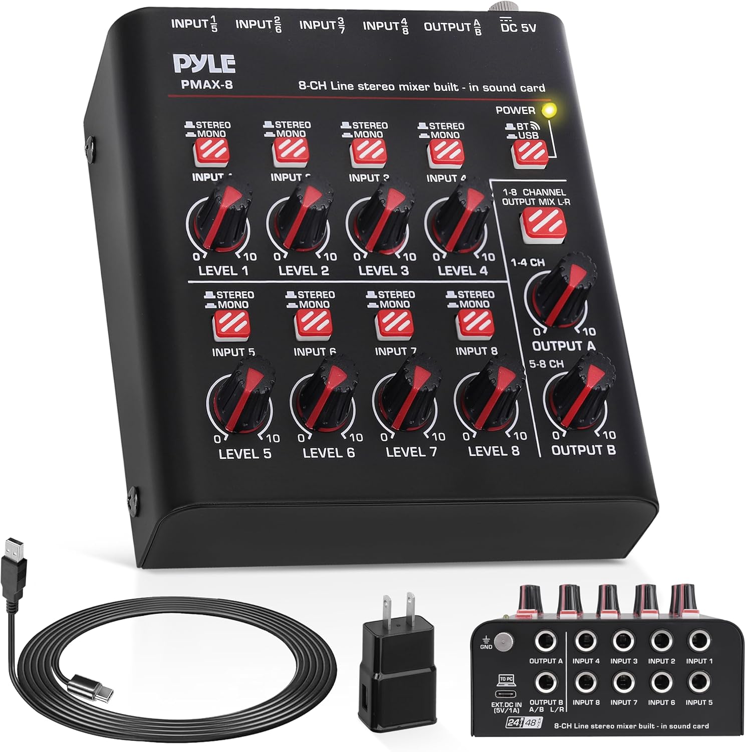 8-Channel Bluetooth Mini Line Mixer with USB Audio Interface - 8 Mono/Stereo Switching Inputs | Ultra-low Noise
