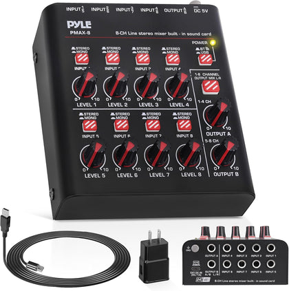 8-Channel Bluetooth Mini Line Mixer with USB Audio Interface - 8 Mono/Stereo Switching Inputs | Ultra-low Noise