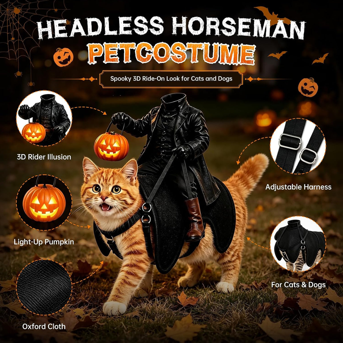 Light-Up Headless Horseman Pet Costume with Pumpkin Rider Harness, Small