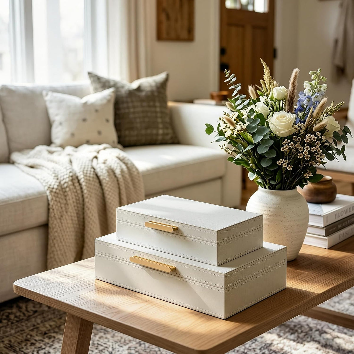 Decorative Storage Boxes with Lids, PU Leather Bins, Ivory White