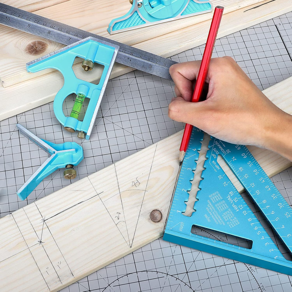 Rafter Square & Combination Square Tool Set, 7 Inch Aluminium-Alloy Carpenter Square & 16 Inch Zinc-Alloy Woodworking