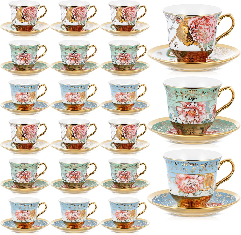Set of 18 Tea Cups and Saucers, Classic Style, 5.4 oz