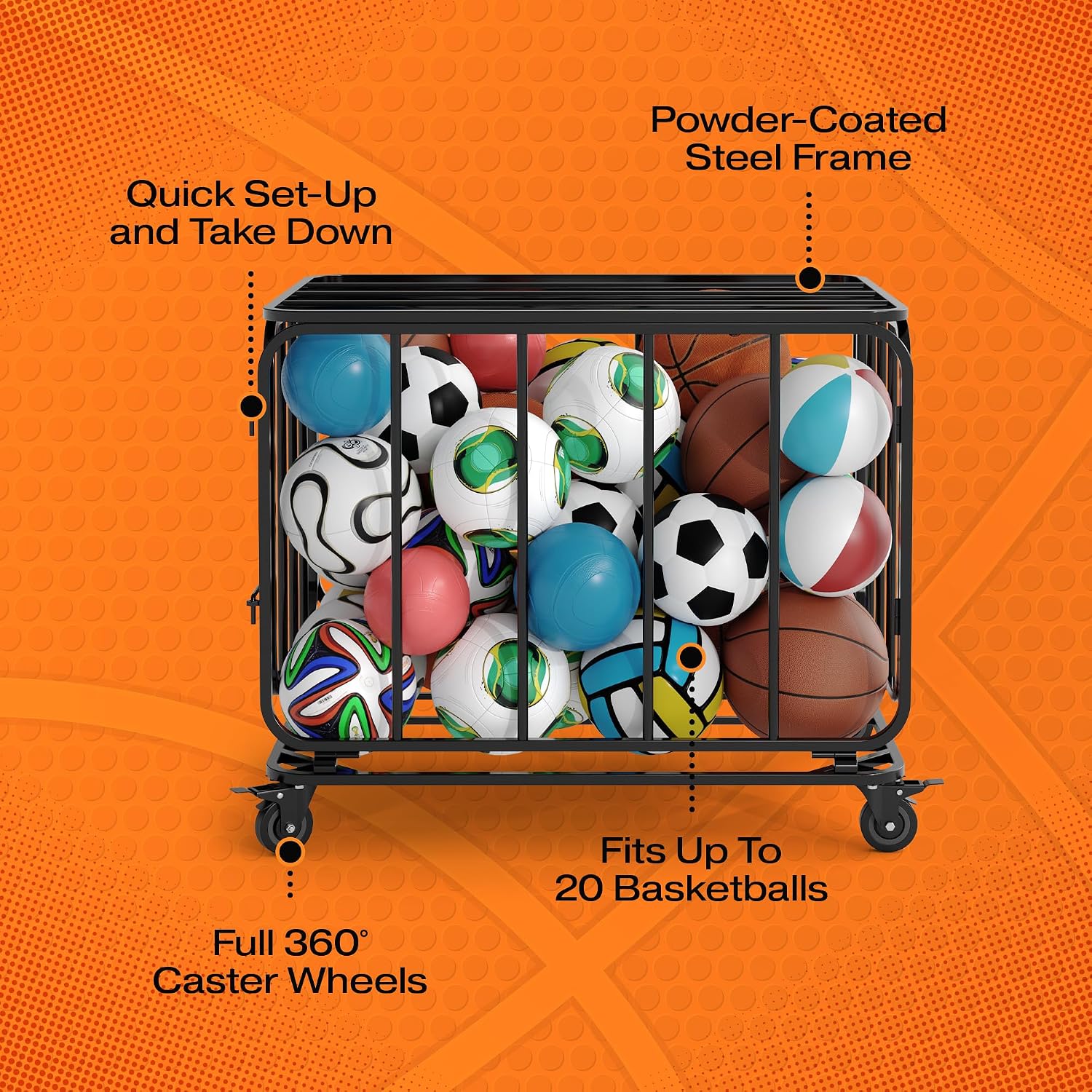 Ball Cart, Ball Storage, Basketball Cart, Volleyball, Large Metal Basket | Houseables Basketball Storage Bin, Sports