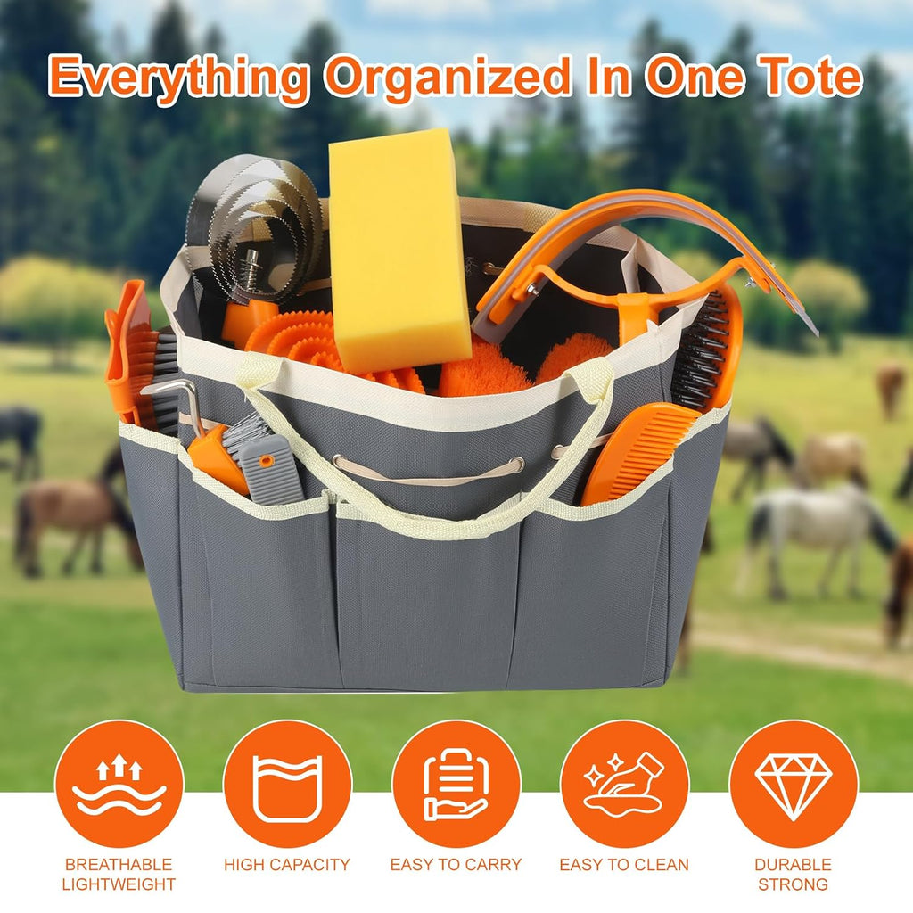 Horse Grooming Kit, 12-Piece Horse Brush Set with Storage Tote, Grey