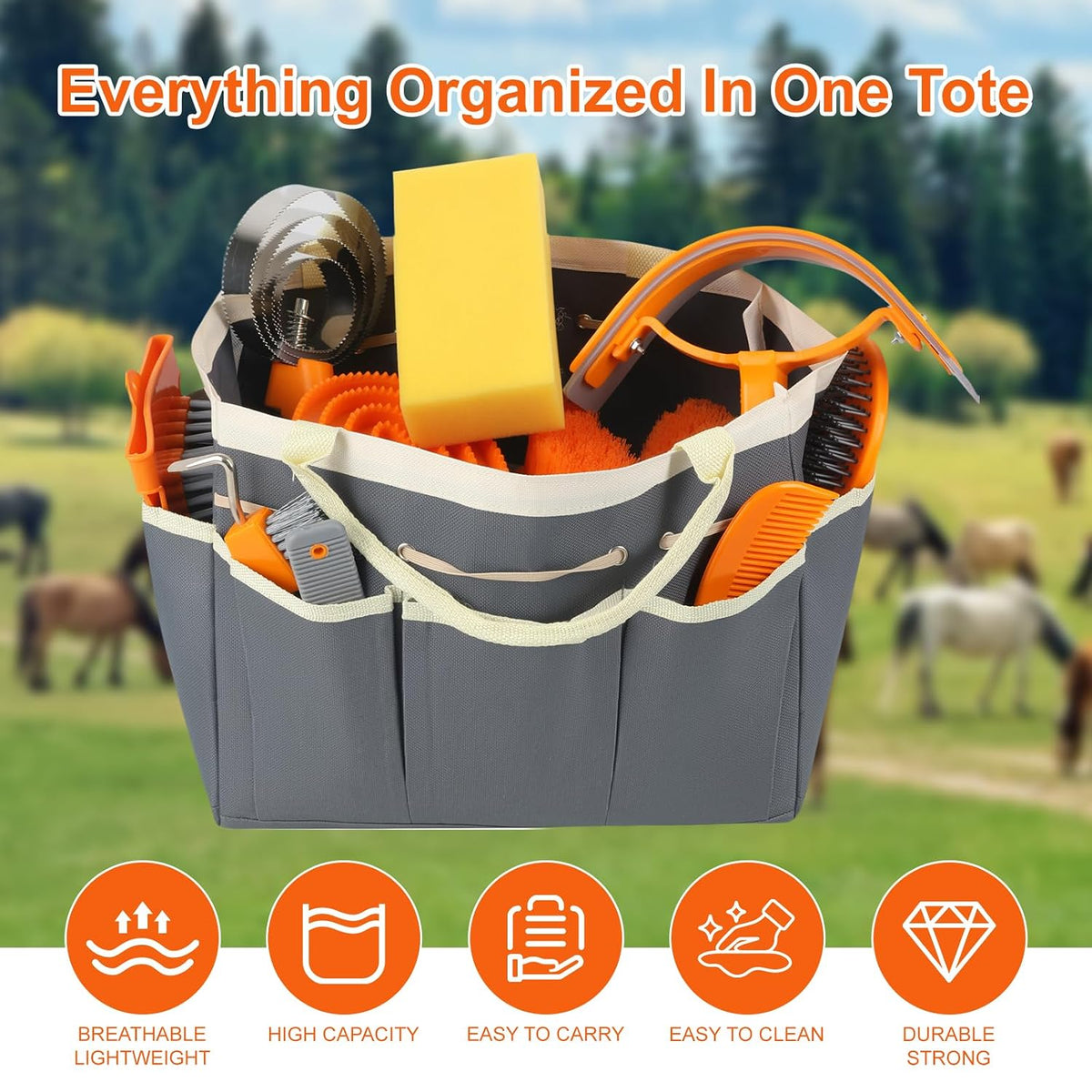 Horse Grooming Kit, 12-Piece Horse Brush Set with Storage Tote, Grey