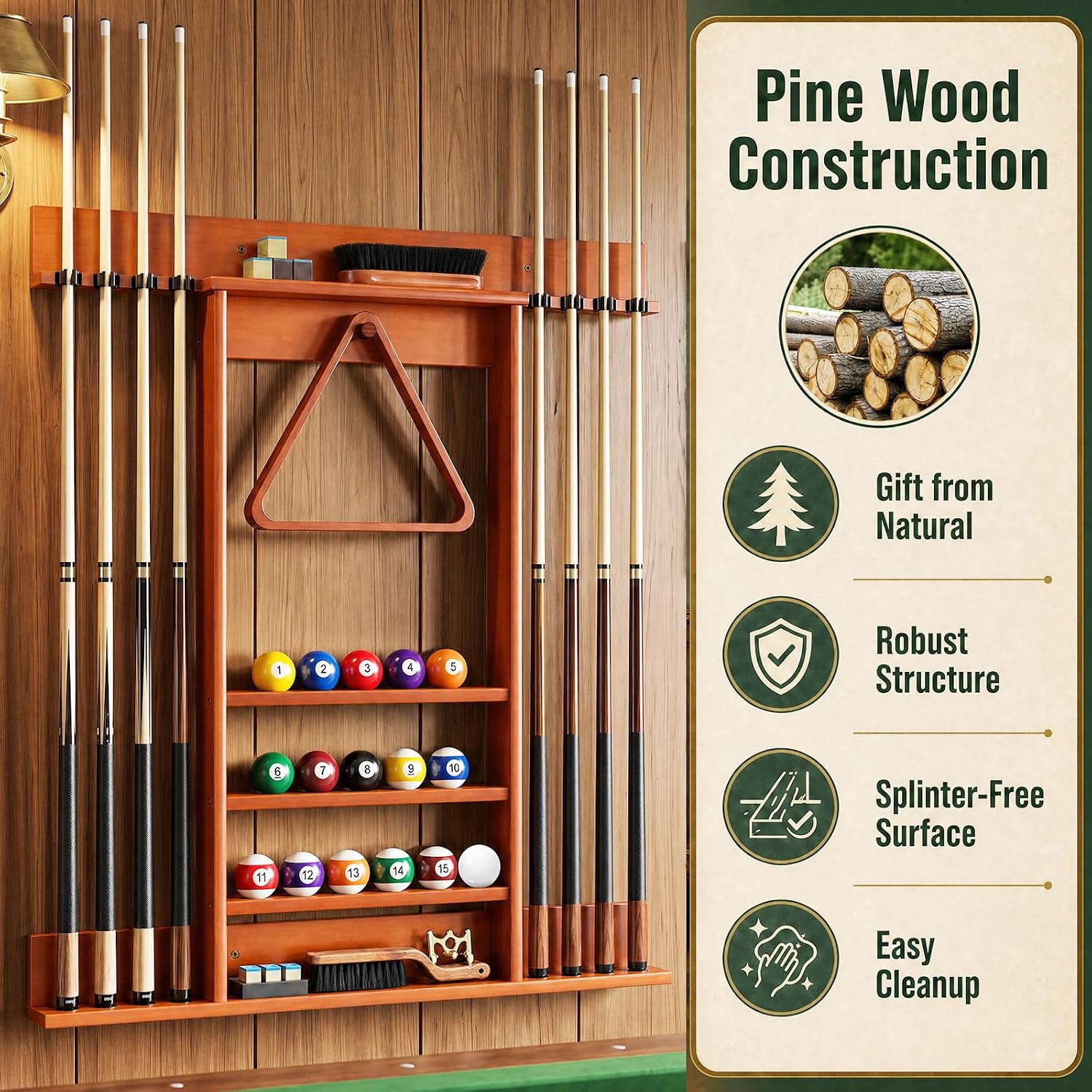 Pool Stick Holder, Wall Mount 8 Pool Cue Rack made of 100% Pine Wood, Billiard Cue Racks Pool Table Accessories for