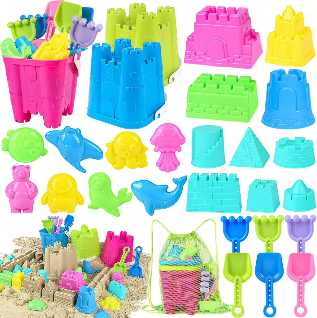 Beach Toys with 3 Castle Buckets, Sand Molds for Kids Ages 3-12 | Sand Castle Molds, Mesh Bags, Shovel for Sandcastle