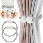 8 Pack Magnetic Curtain Tiebacks with Pearls,Elegant Window Treatment Holdbacks for Heavy Outdoor Drapes (Grey)