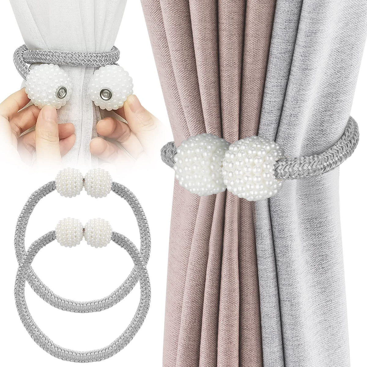 8 Pack Magnetic Curtain Tiebacks with Pearls,Elegant Window Treatment Holdbacks for Heavy Outdoor Drapes (Grey)