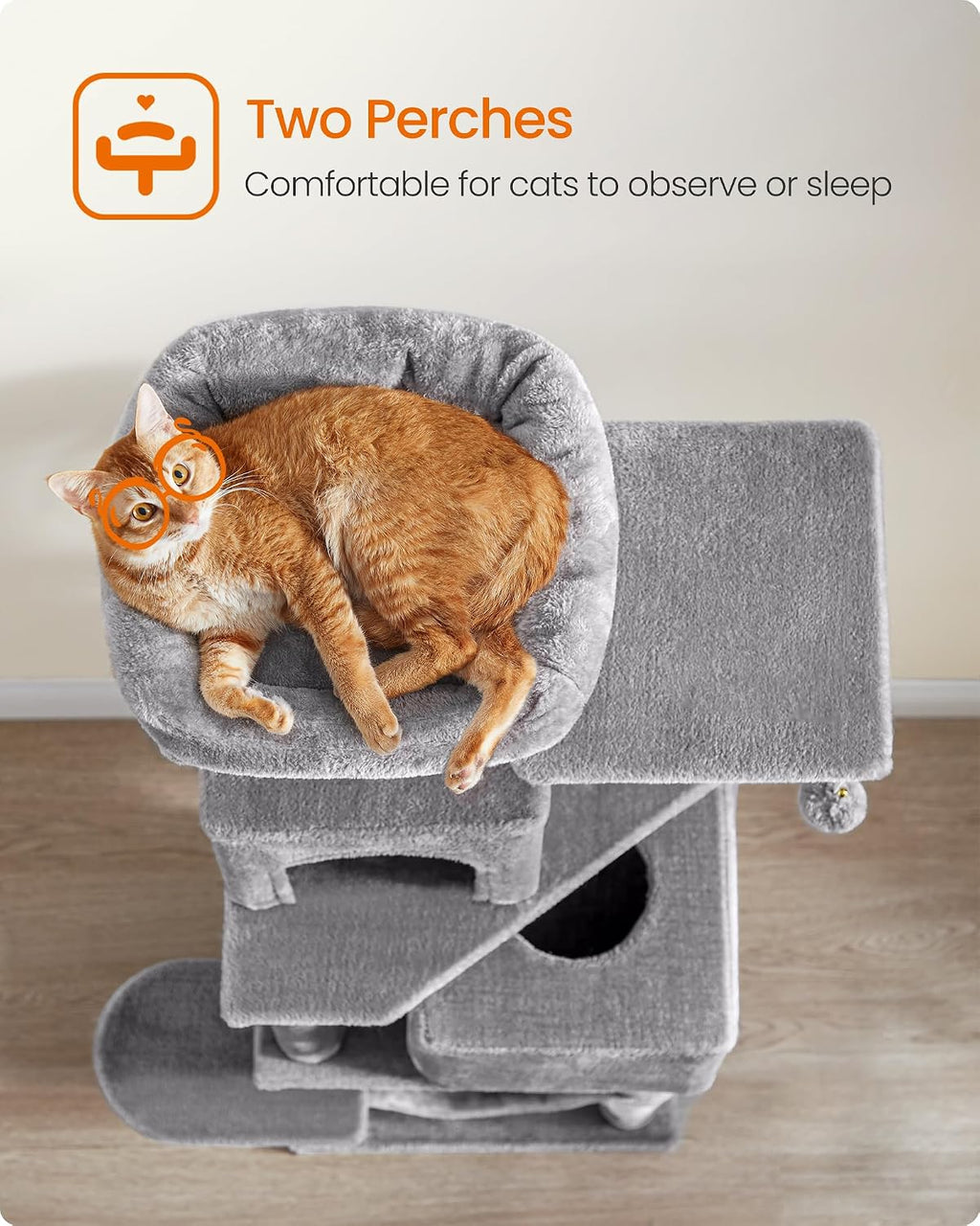 Cat Tree, 59.5-Inch Tall Cat Tower, Plush Multi-Level Condo with 5 Scratching Posts, 2 Perches, 2 Caves, Hammock, 2