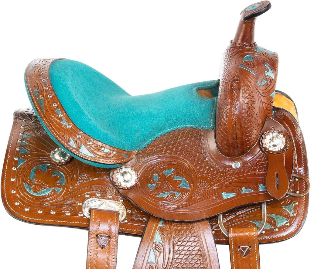 Western Leather Barrel Saddle Floral Embossed Tooled Trail Rodeo Horse Saddle with Matching Headstall, Reins and