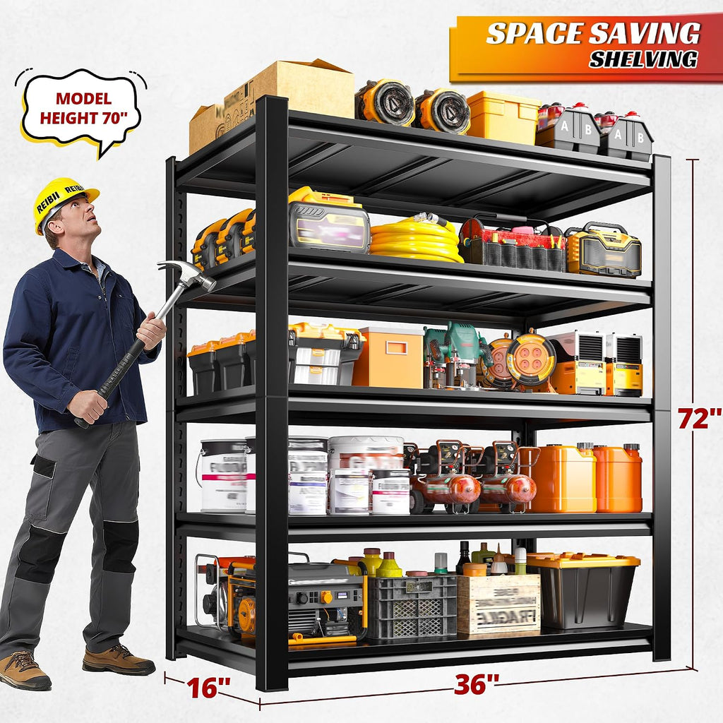 Garage Shelving 3000 LBS Storage Shelves Adjustable Metal Shelving, 5 Tier Garage Shelves for Basement, Warehouse