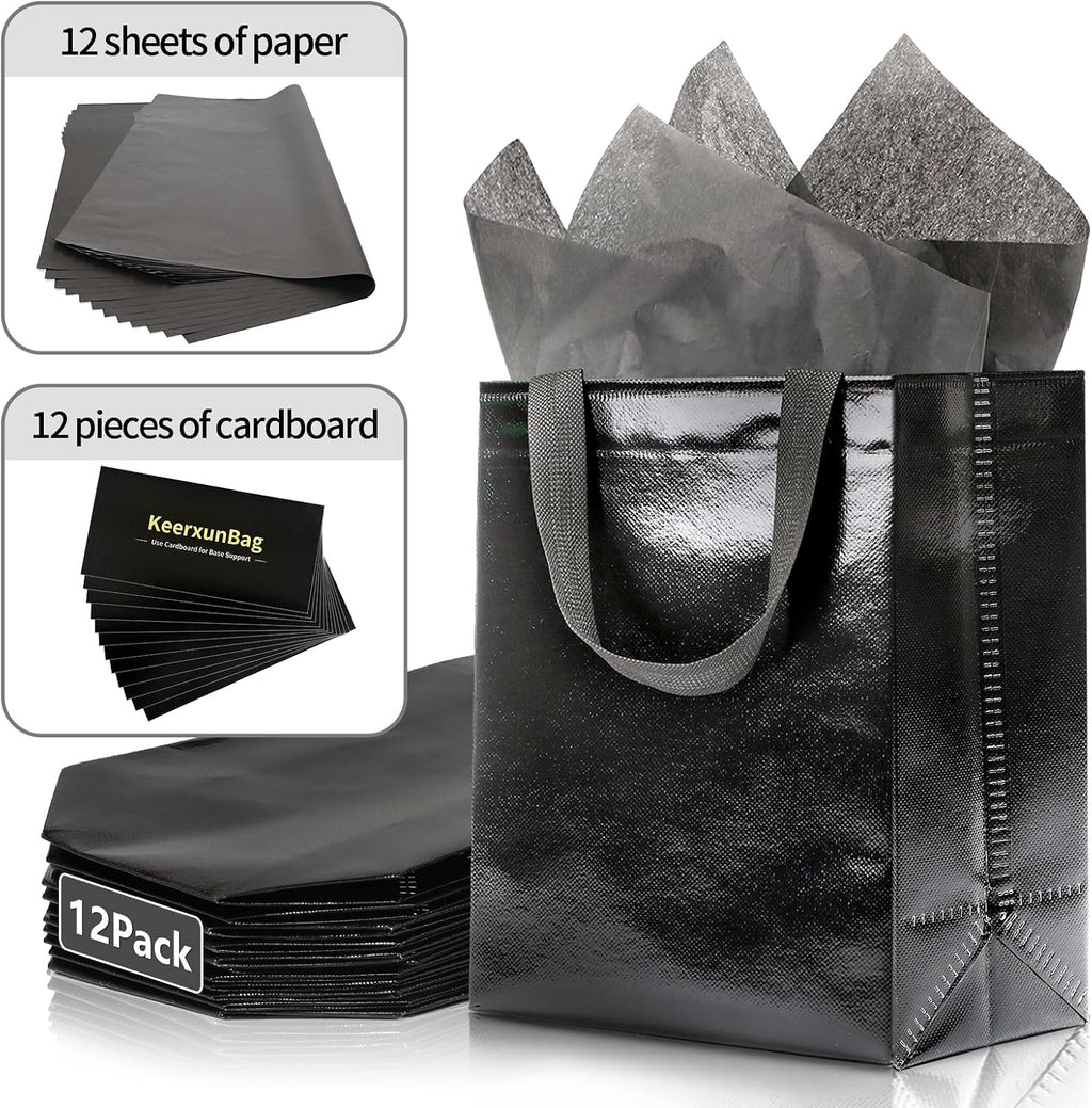 Black Gift Bags - 12pk - Reusable - With Inner Liner Paper