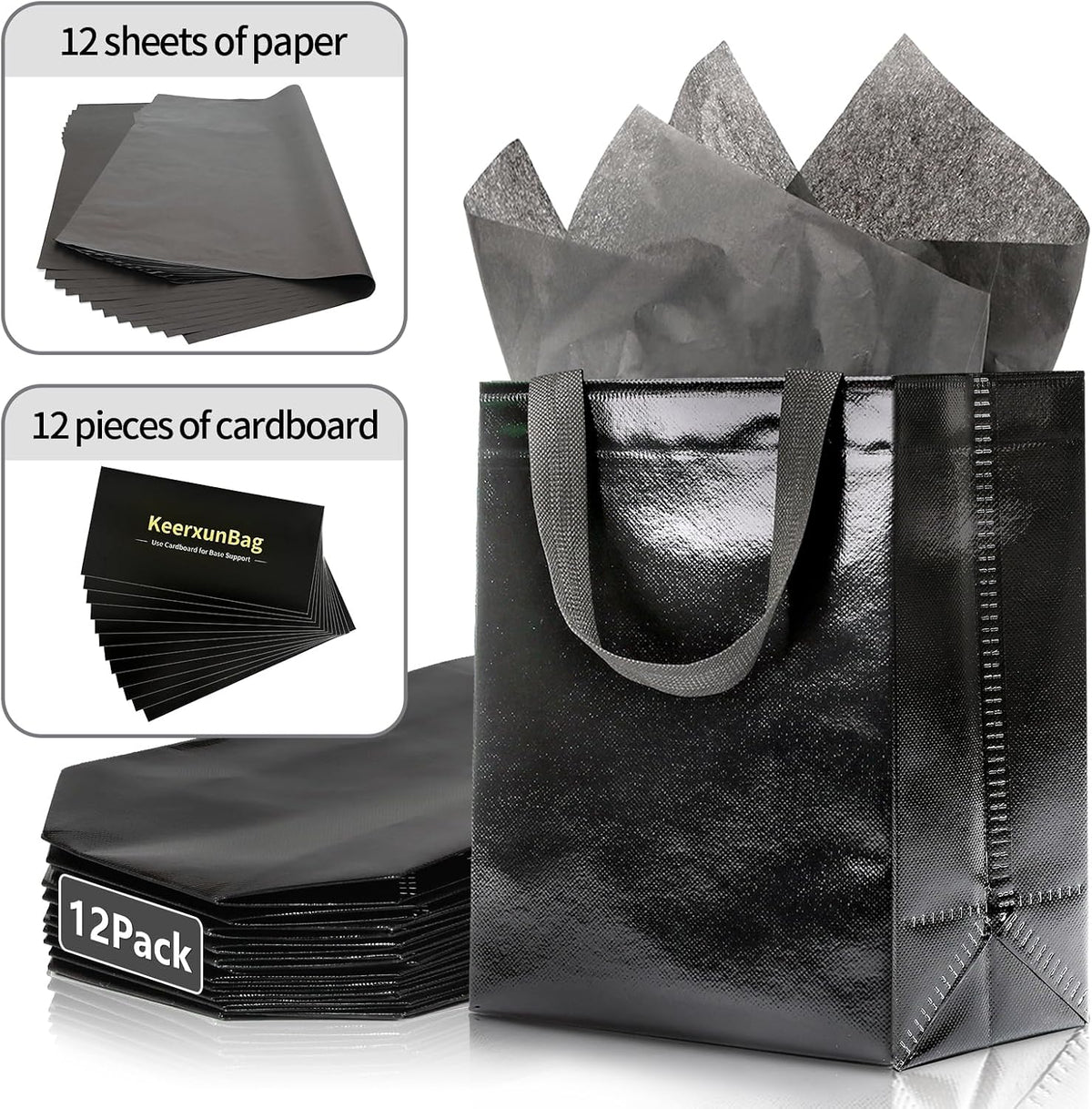 Black Gift Bags - 12pk - Reusable - With Inner Liner Paper