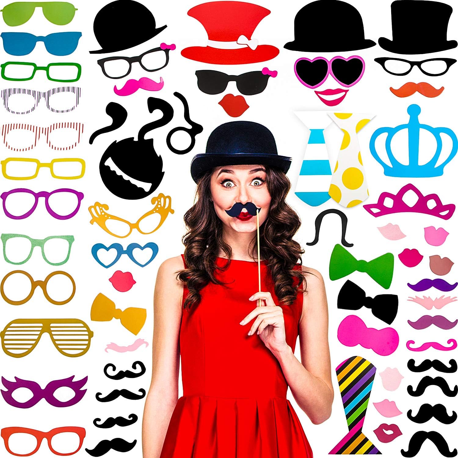 60 Pcs Photo Booth Props, Mustache Glasses Hats Lips(Classic)