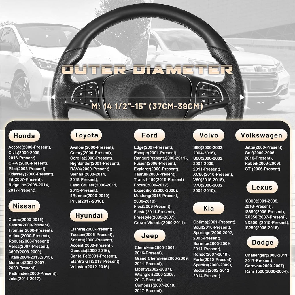 Car Steering Wheel Cover Universal Standard Size 14.5-15 inch, Black Microfiber Leather