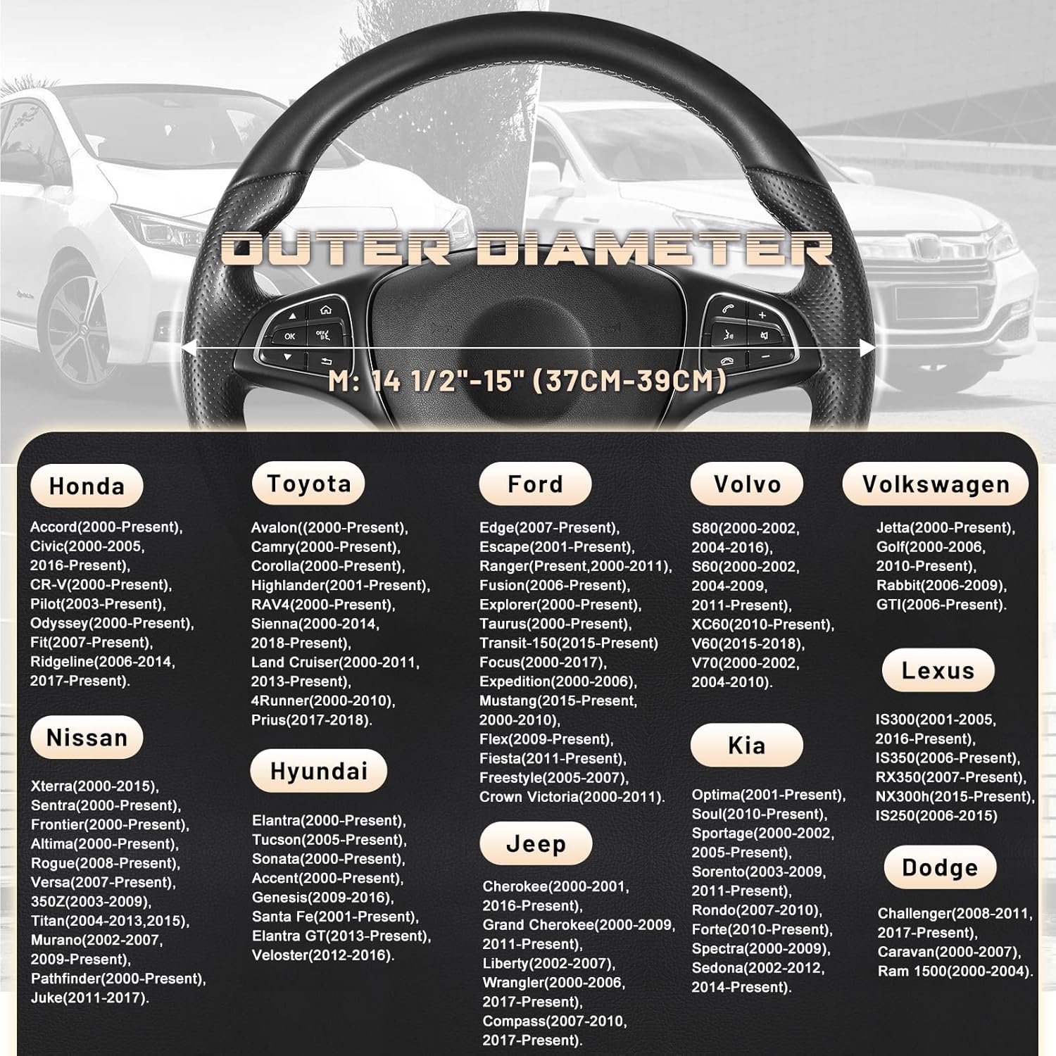Car Steering Wheel Cover Universal Standard Size 14.5-15 inch, Black Microfiber Leather