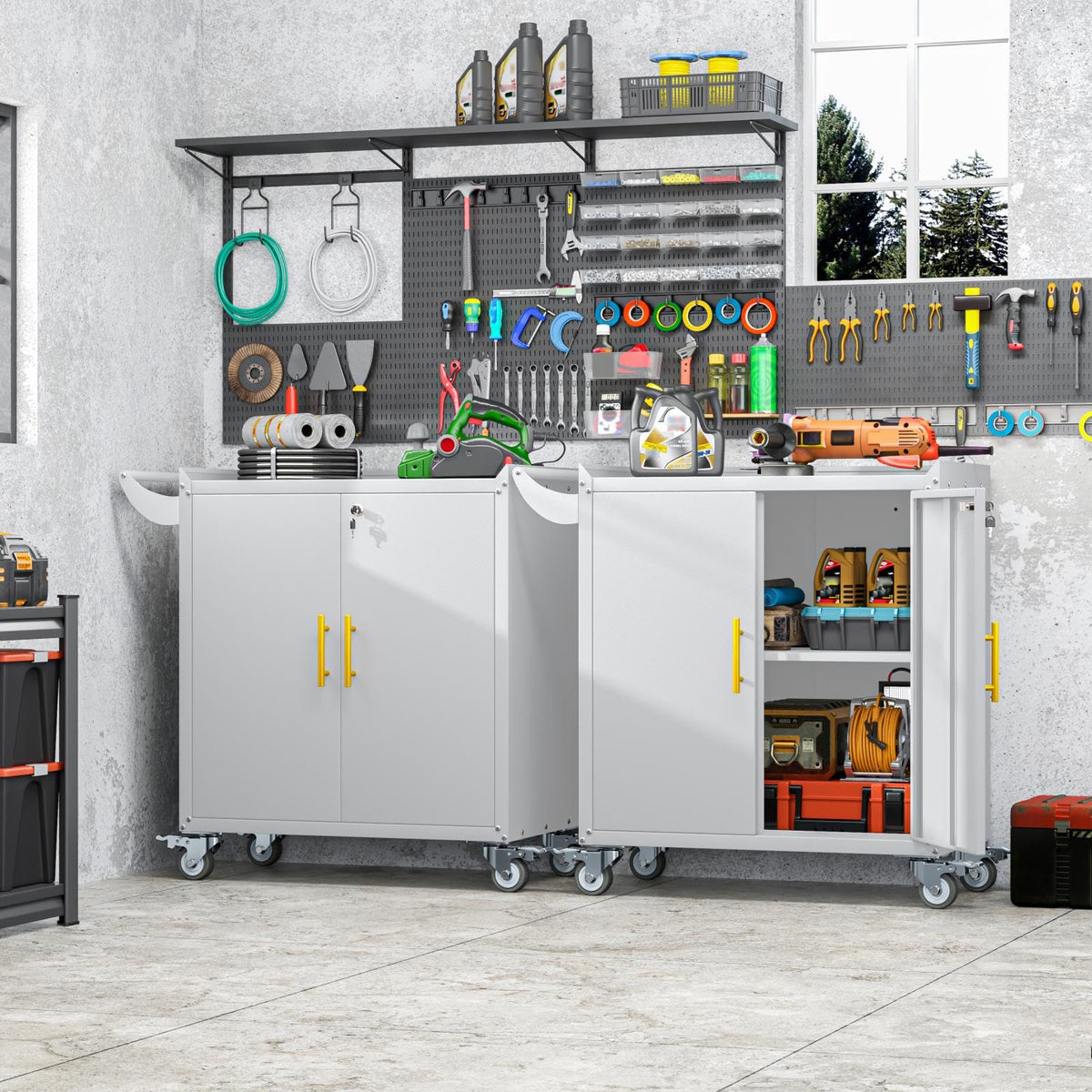 Metal Small Garage Storage Cabinet with Wheels and Locker