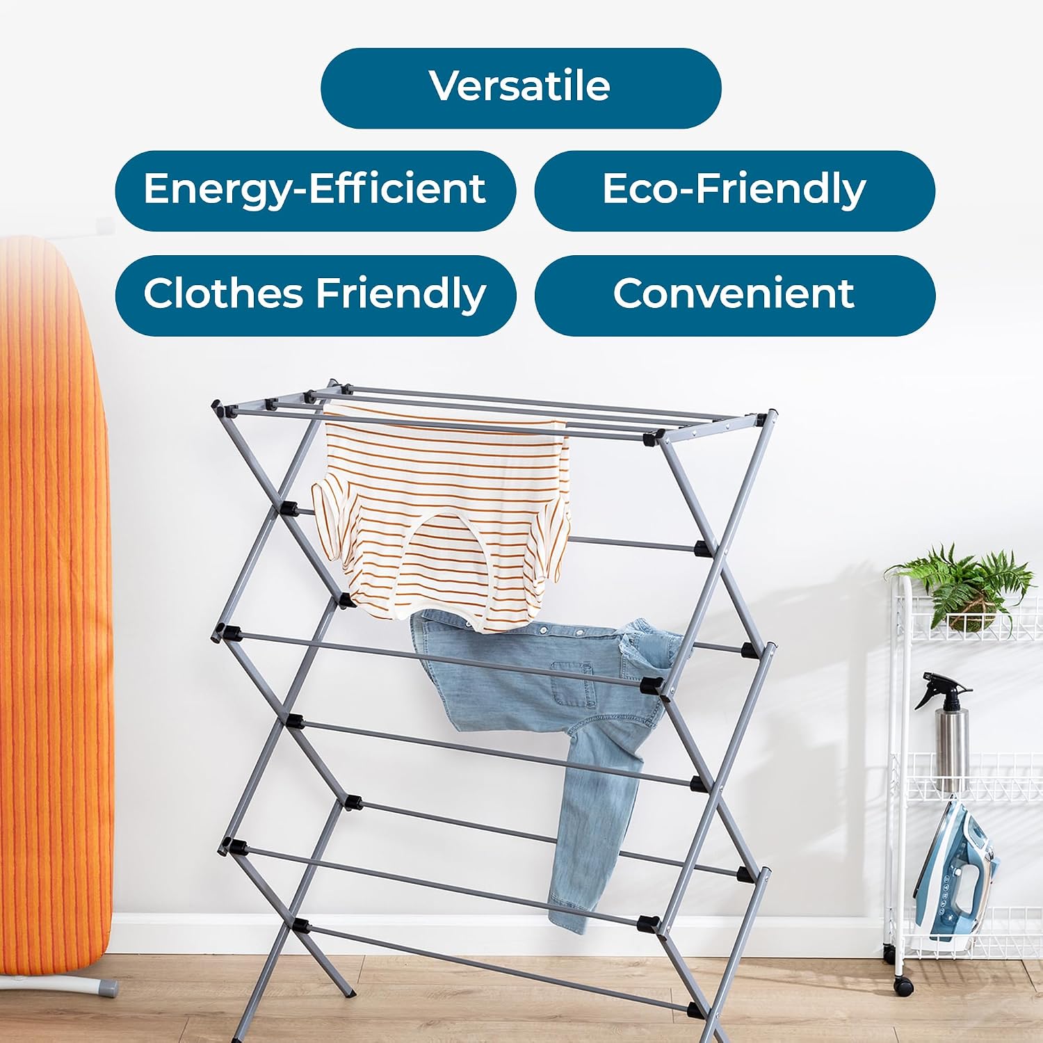 Oversized Collapsible Clothes Drying Rack, 35", 50 lb, Grey | Oversized 35" x 45" steel rack holds 50 lb and folds