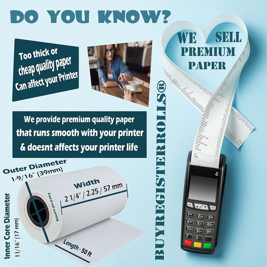 (50 Rolls) 2 1/4 x 50 Thermal Paper Receipt Rolls 55 GSM Premium Quality German Paper fits all Credit Card Terminals