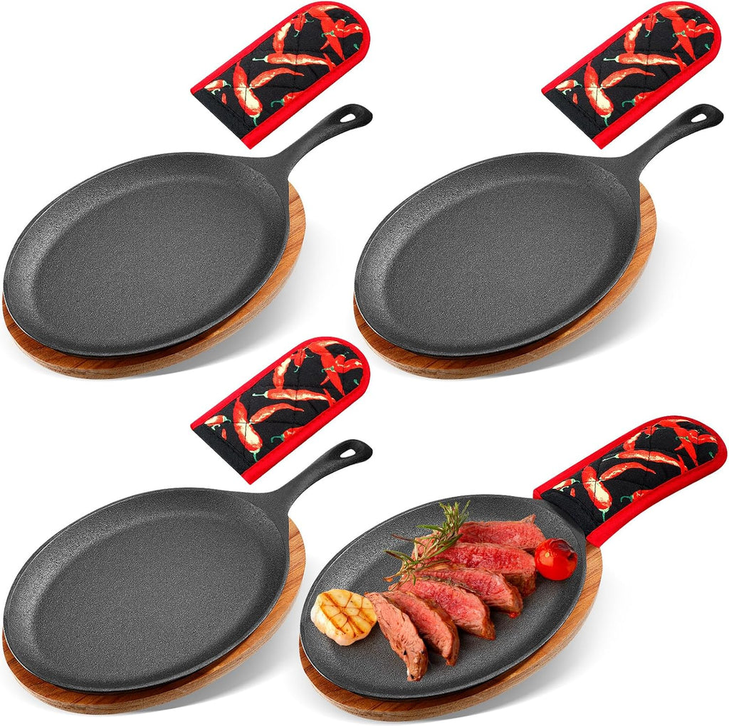 Cast Iron Fajita Skillet, Wooden Tray, Protective Mitt, 4 Sets