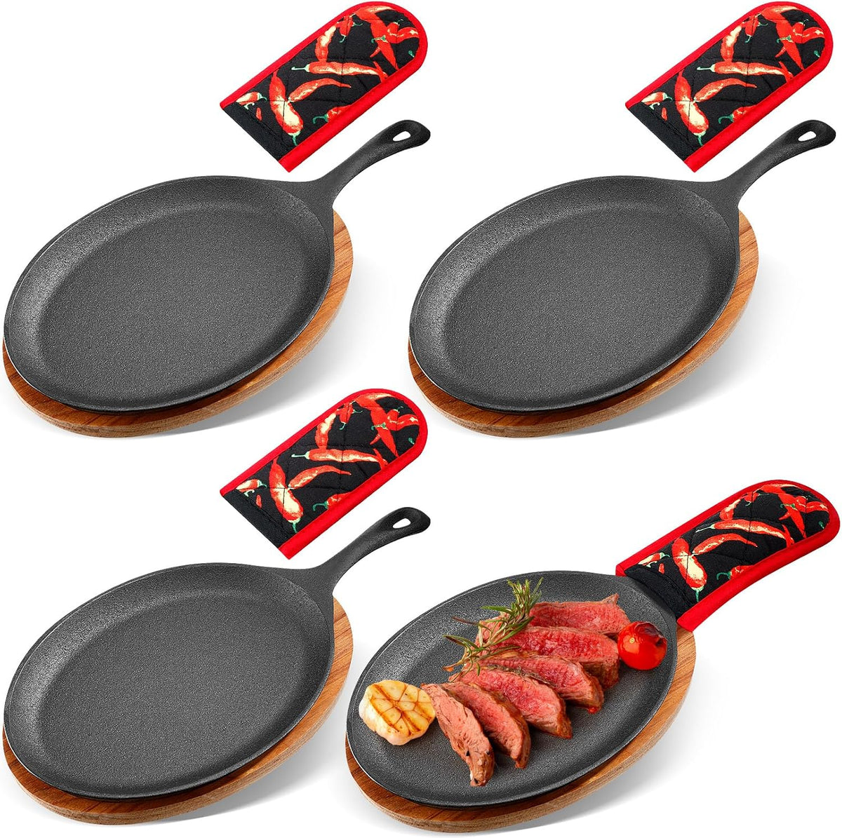 Cast Iron Fajita Skillet, Wooden Tray, Protective Mitt, 4 Sets