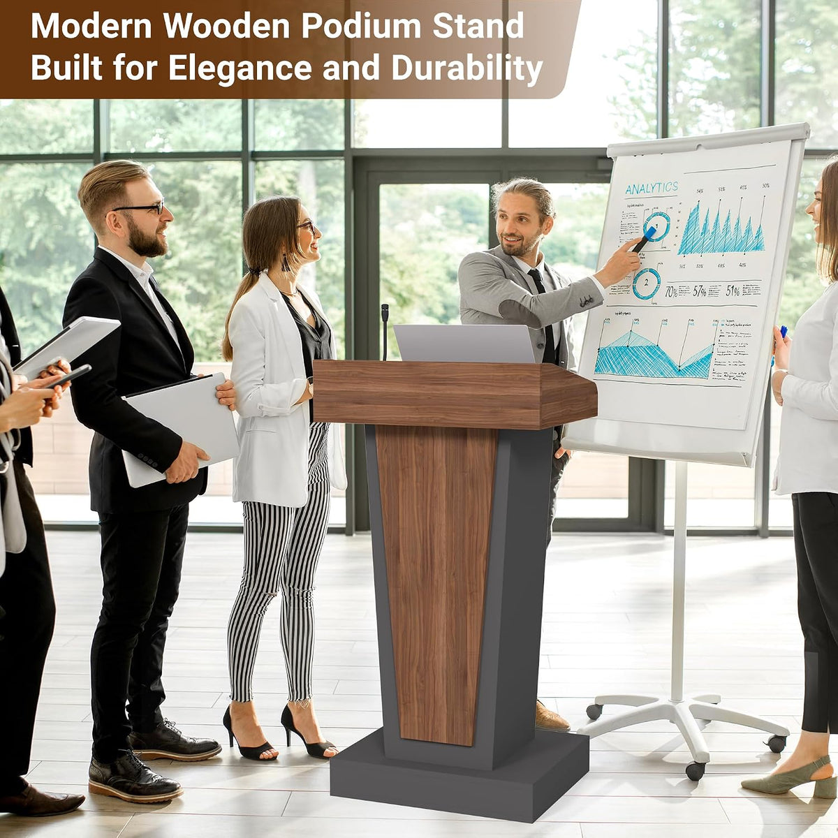 Wooden Podium Stand with Wheels & 4" High Footrest, Mobile Lectern