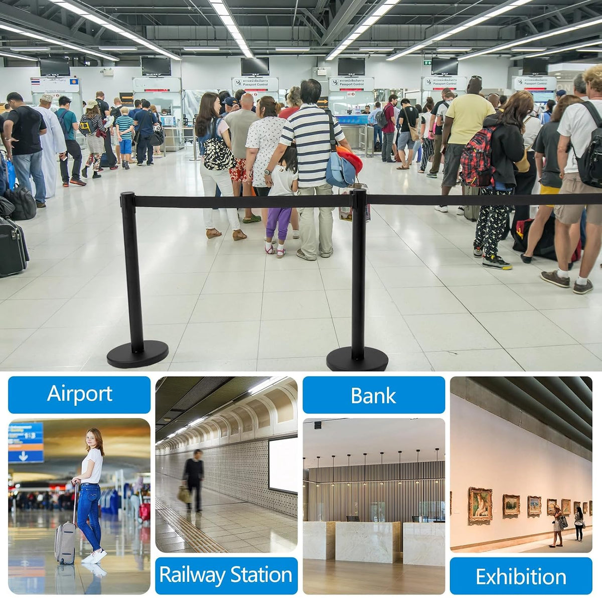 6 Pack Crowd Control Stanchions Barriers, 9.8ft, Black