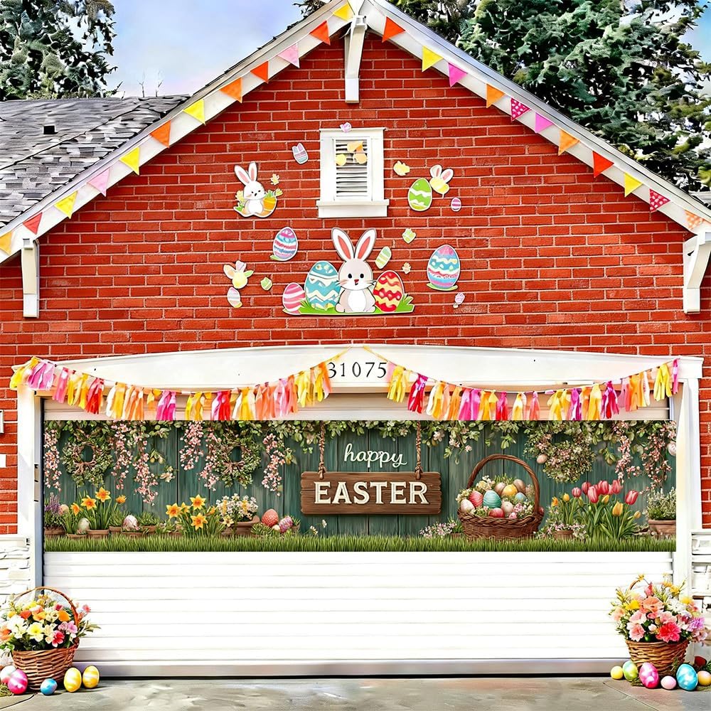 Easter Banner 78.74 x 17.72 Inch Rustic Wood Background with Hanging Floral Garlands Spring Flowers Decorative Eggs