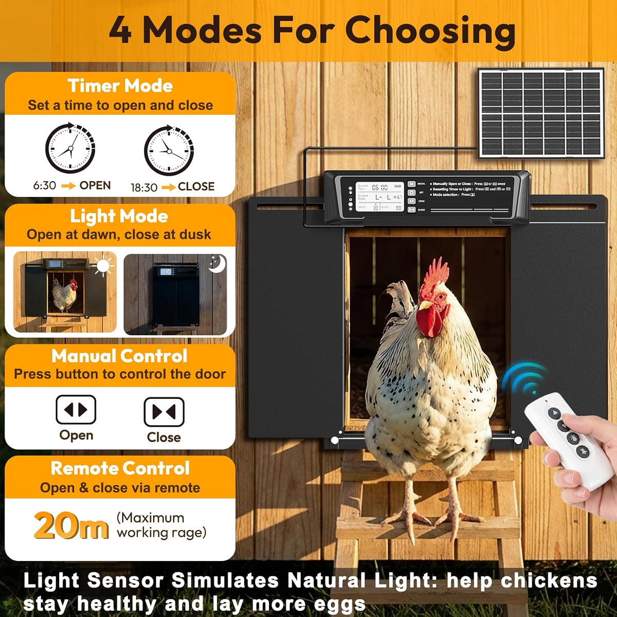 Large Size Automatic Chicken Coop Door Solar Powered - Timer/Light Sensor