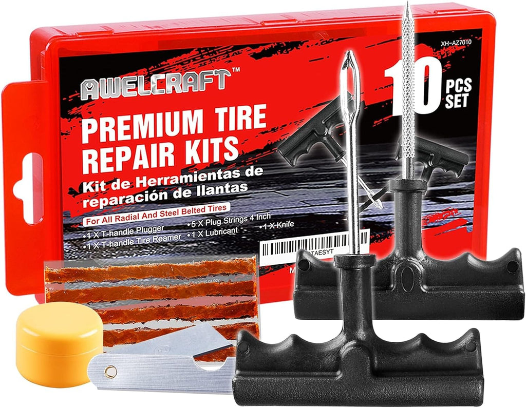 10-Piece Economical Tire Repair Kit – Flat Tire Plug Kit with T-Handle Tools, Storage Case – Fix Punctures Fast, –