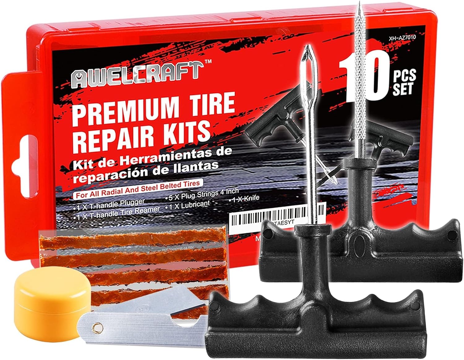 10-Piece Economical Tire Repair Kit – Flat Tire Plug Kit with T-Handle Tools, Storage Case – Fix Punctures Fast, –