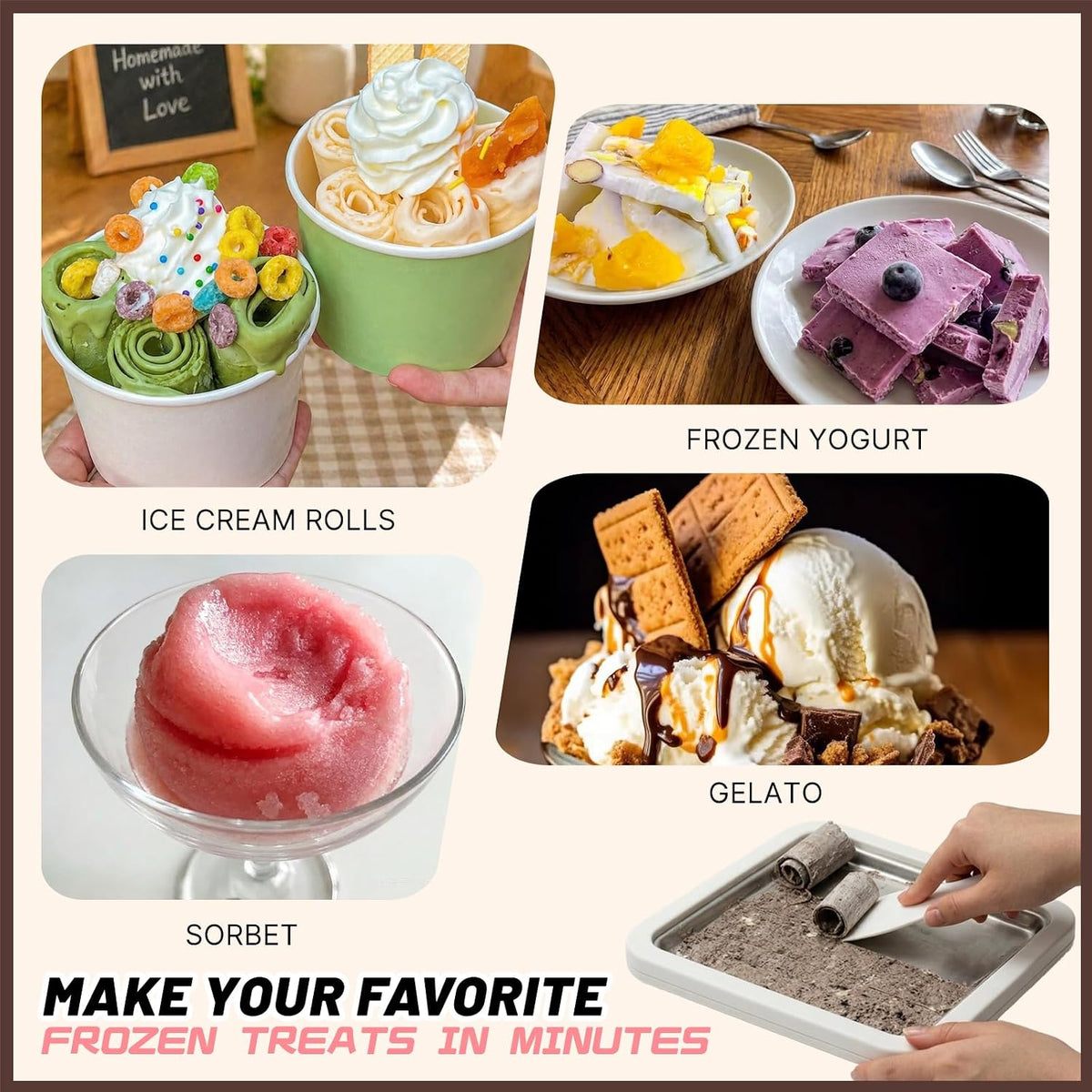 Rolled Ice Cream Maker Kit with Lid and 2 Spatulas, Rolled Ice Cream Tray