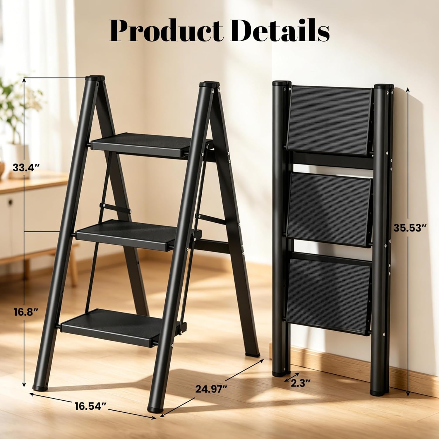 3 Step Ladder, Lightweight Aluminum Folding Step Stool, Step Stool Foldable with Wide Anti-Slip Pedal, 330lbs