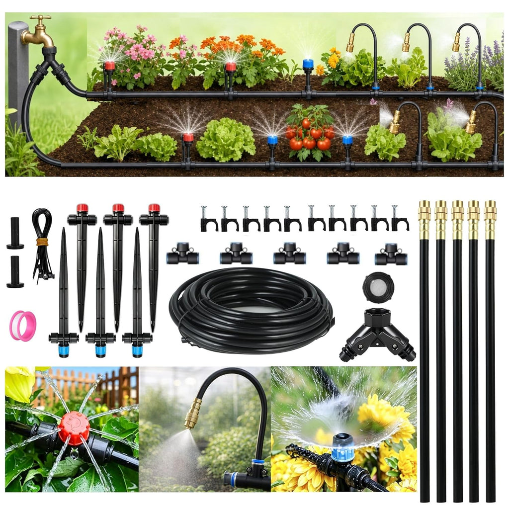 50FT Drip Irrigation System for Starter: Small Garden Quick Connect 1/4" PE Water Tubing Automatic 11Pcs Sprinkler