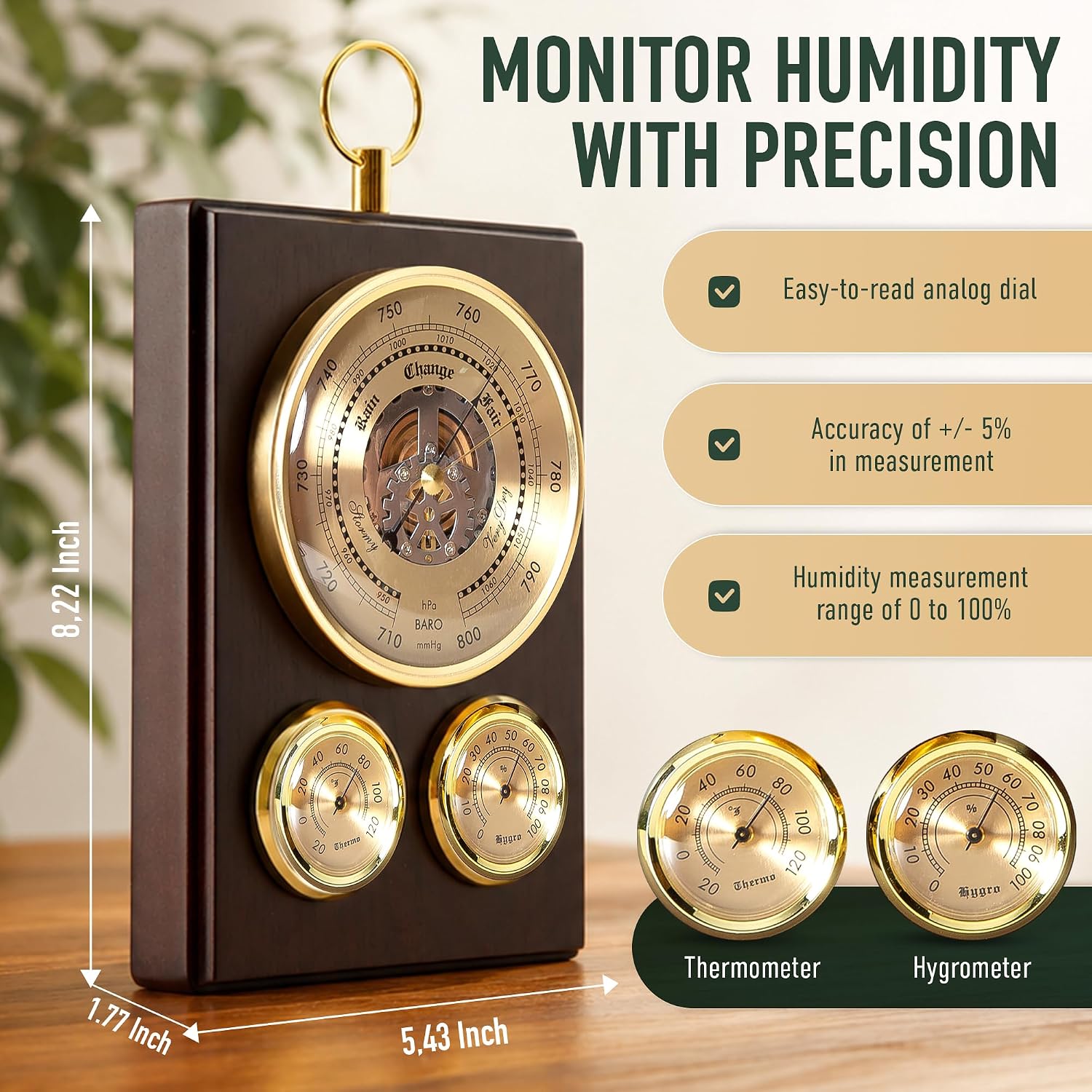 Analog Barometer Hygrometer Thermometer Weather Station, Vintage Wooden Desk Or Wall Analog Barometers for the Home