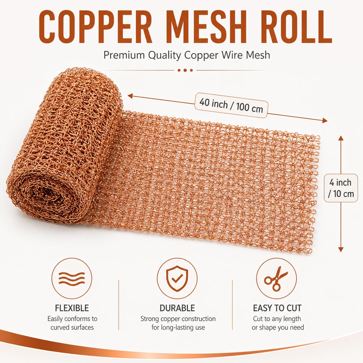 Copper Mesh Roll, 100% Pure Copper Wire Mesh Gap Filler, 3.8" x 40" Bendable Hole Filler for Gardens, House Cracks