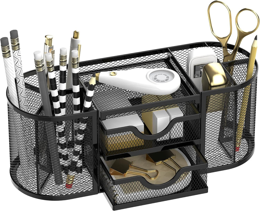Mesh Desk Organizer, Desk Organizers and Accessories, Pen Holder with Drawers, Pencil Holder for Desk with 2 Drawer