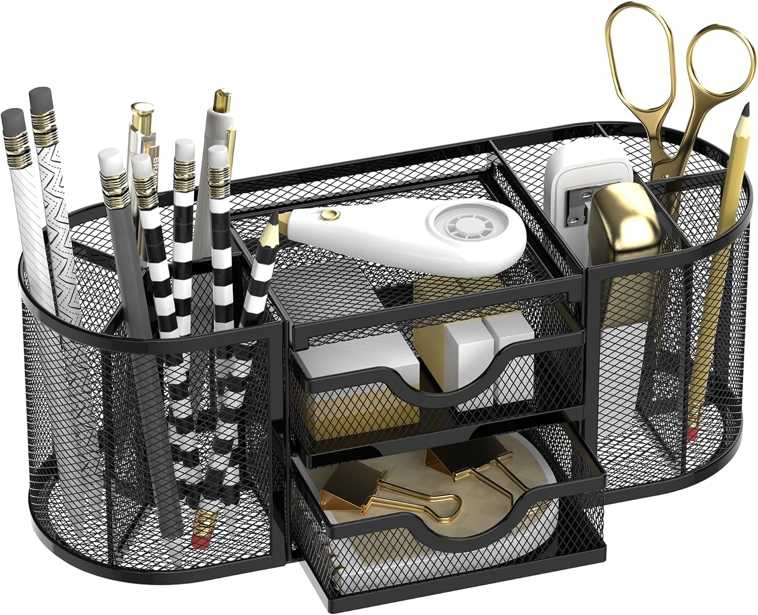 Mesh Desk Organizer, Desk Organizers and Accessories, Pen Holder with Drawers, Pencil Holder for Desk with 2 Drawer
