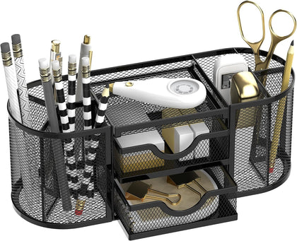 Mesh Desk Organizer, Desk Organizers and Accessories, Pen Holder with Drawers, Pencil Holder for Desk with 2 Drawer