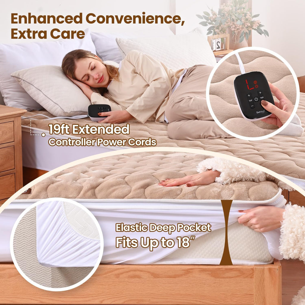 Heated Mattress Pad Queen Size 60"x80" with Zippered Detachable Cover, Dual Control Electric Bed Warmer Machine