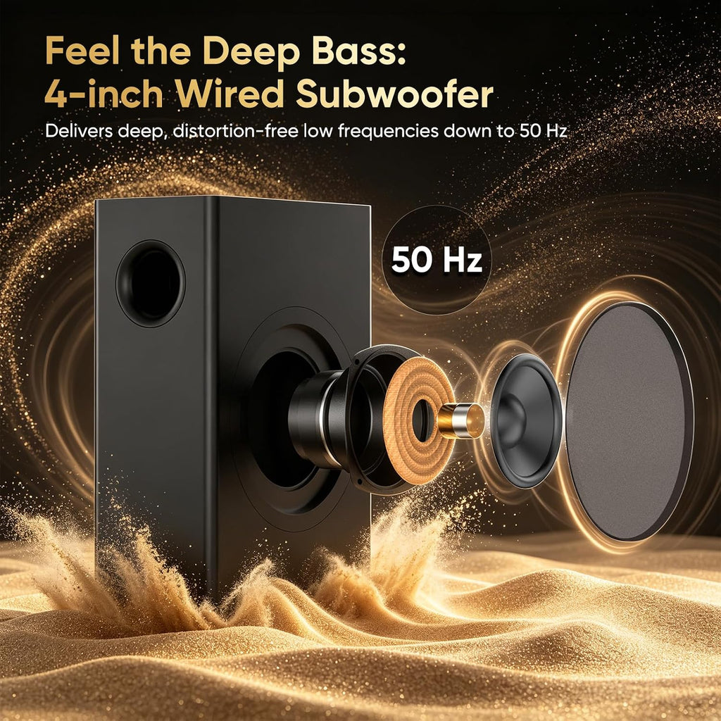 Sound Bar with Wired Subwoofer for TV, 70W 2.1 Channel Soundbar | 14" Compact Design, Deep Bass, Surround Sound