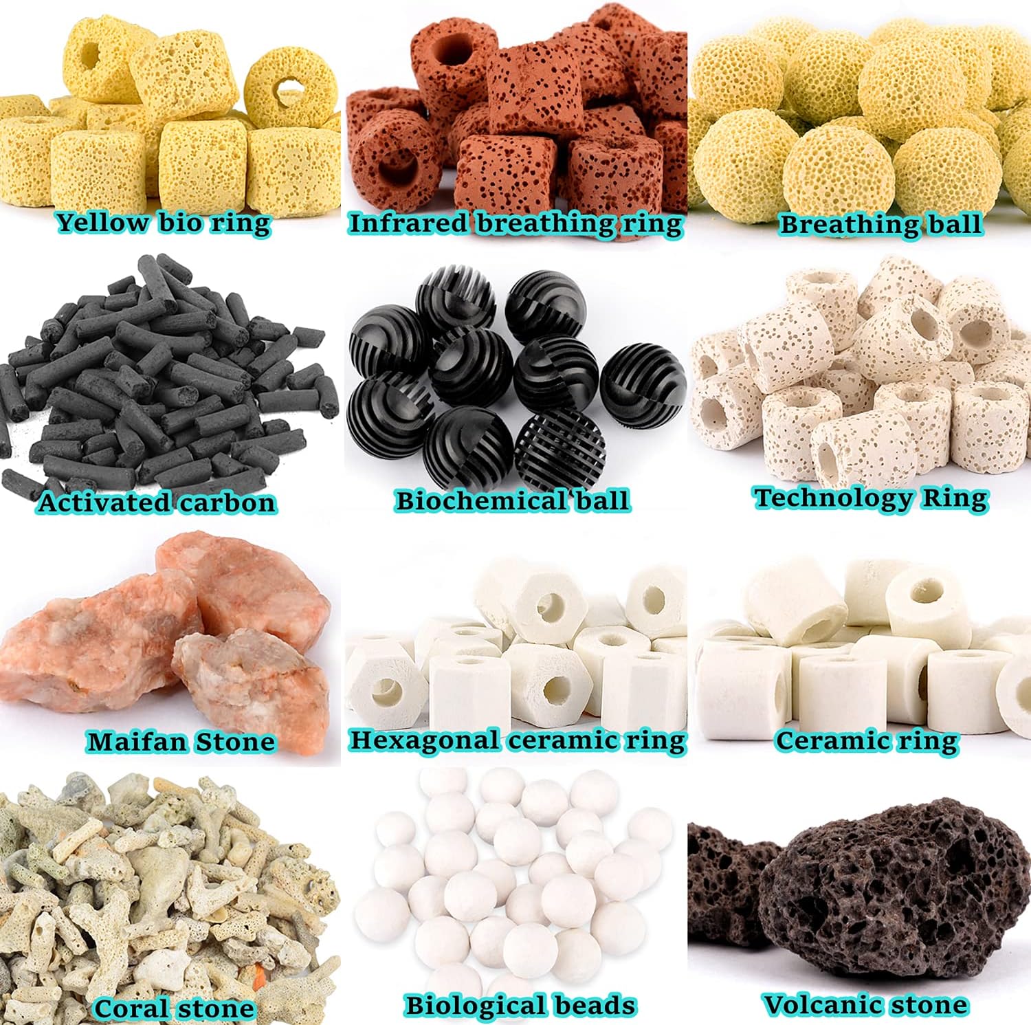 Aquarium Filter Media: 12-in-1 Bio Balls & Ceramic Rings Kit (500g) for Fish Tank or Pond - Includes Zippered Mesh Bag