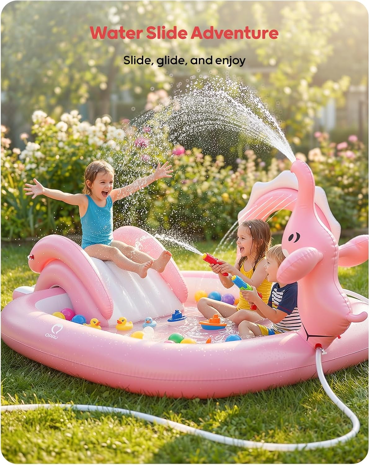 Elephant Kids Pool with Slide and Sprinkler, Inflatable Play Center with 4 Rings, 72 × 64 × 37 in, Fast Inflation