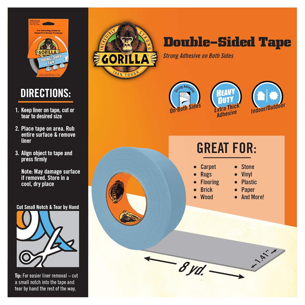 Double-Sided Tape, Strong Adhesive, Gray, 1.41 in x 8 yd, 2-Pack