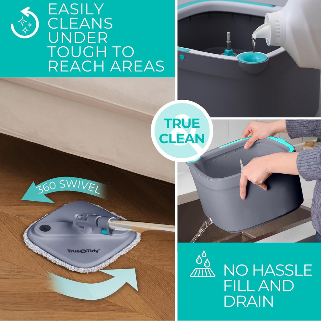 True Clean Spin Mop & Bucket System – Dual Compartment Design for Clean & Dirty Water, 360° Swivel Mop Head, Built-in