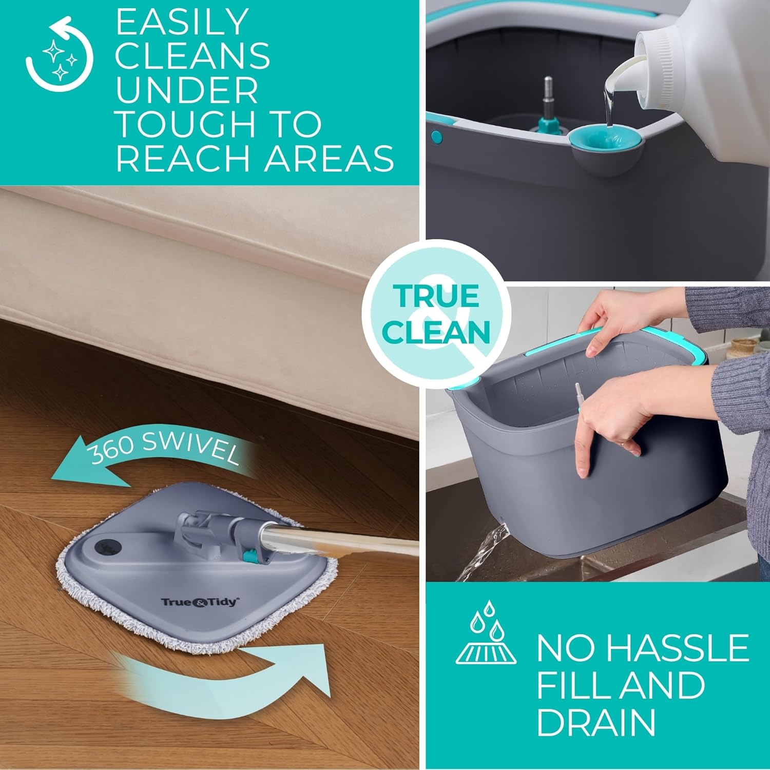 True Clean Spin Mop & Bucket System – Dual Compartment Design for Clean & Dirty Water, 360° Swivel Mop Head, Built-in