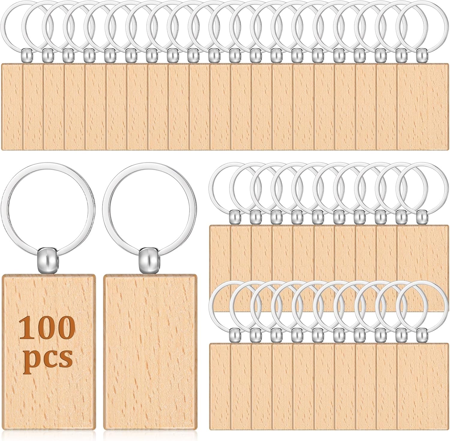 100 Pcs Wood Keychain Blank, Unfinished Laser Engraving Blanks | With Key Rings, Rectangular Keychain Ring Tag Wood