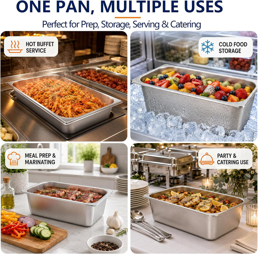 Hotel Pans with Lids,4 Pack 1/3 Size 6"Deep Stainless Steel Steam Table Pan