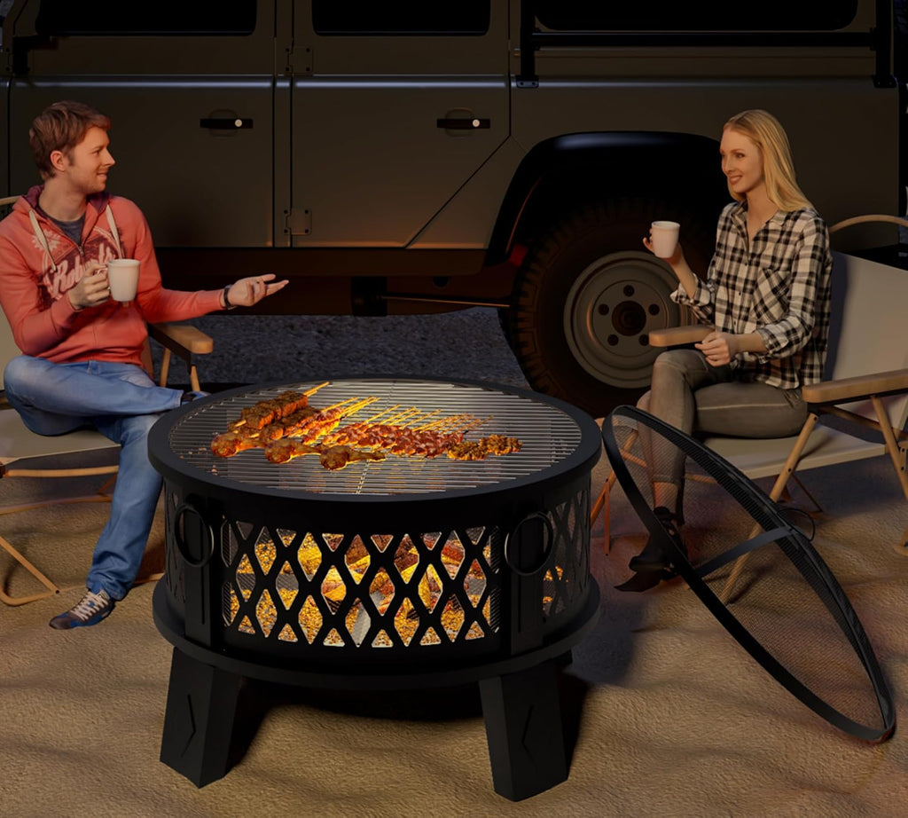26" Steel Fire Pit with Grill & Diamond Mesh Design,360° Airflow Tech for 80% Less Smoke,XL Flames,Heavy-Duty